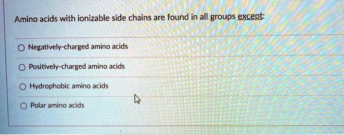 Amino acids with ionizable side chains are found in all groups except: <br/> <br/>- Negatively-charged amino acids <br/>- Positively-charged amino acids <br/>- Hydrophobic amino acids <br/>- Polar amino acids